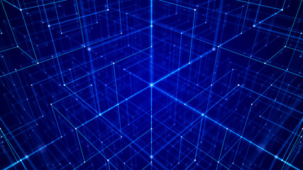 Poster - Blockchain. Network of connected dots and lines. Big data. Abstract digital background. Grid. 3d rendering.