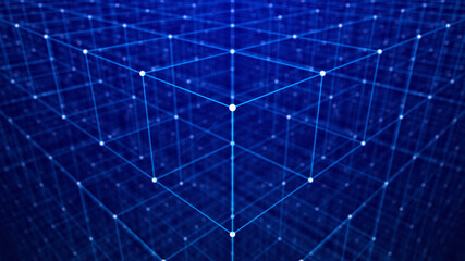 Poster - Blockchain. Network of connected dots and lines. Big data. Abstract digital background. Grid. 3d rendering.