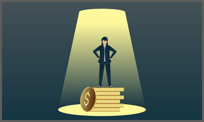 Flat vector illustration of woman standing on coin in highlight lamp, in blue gradient