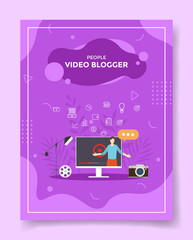 Poster - video production people working together editing video front camera for template of banners, flyer, books cover, magazines with liquid shape style