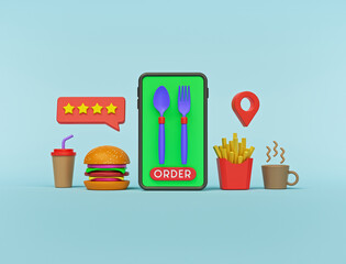 Poster - Order food online concept with smartphone. minimal design for advertising. 3d rendering
