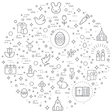 Simple Set of easter and christianity Related Vector Line Illustration. Contains such Icons as eggs, religion, bunny, gifts, spring, rabbit, celebration, decoration, church and Other Elements. 