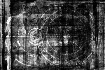 Abstract grunge futuristic cyber technology background. Drawing on old grungy surface. Monochrome abstract grunge black and white illustration