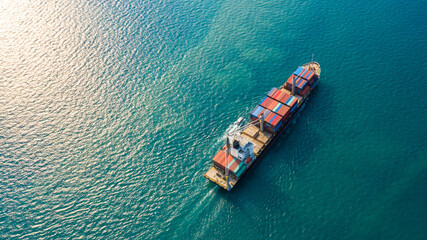 Aerial top view container ship with crane bridge for load container, Business global company commercial trade logistics import export, Freight shipping cargo vessel transportation.