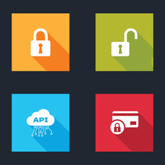 Set Lock, Open padlock, Cloud api interface and Credit card with icon. Vector.