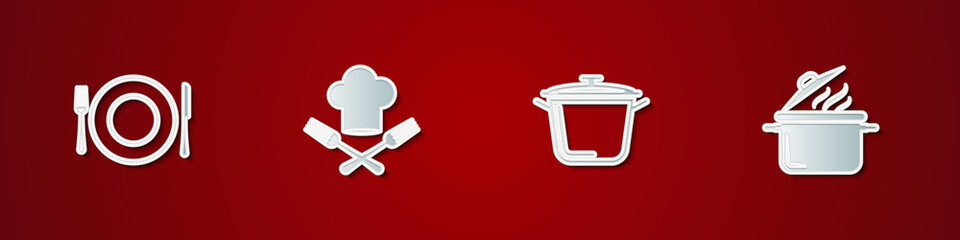 Set Plate, fork and knife, Chef hat, Cooking pot and icon. Vector.