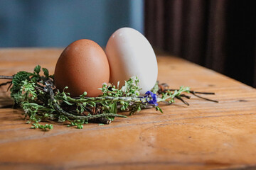 Brown and white egg on a nest of flowers as decoration for the coming Spring and Easter