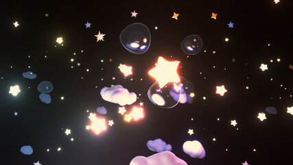 Cartoon glowing stars, white clouds, and bubbles in the sky at night. 3d rendering picture.