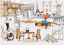 Set Of Paris Illustrations With Fashion Girls, Cafes And Musicians. Vector Illustration.