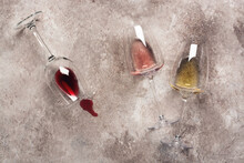 Flat Lay Glasses With Various Wine. White, Rose And Red Wine. View From Above.