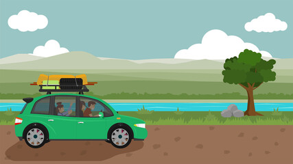 Traveling family. Family with children. Father driving car green color  travel to nature of meadow on soil road. On the car there are various luggage. Flat style vector illustration.