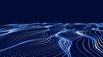Aufkleber - Abstract flow of luminous particles on dark background. Movement of colored dots. Big data visualization. 3D rendering. Seamless loop. 4k