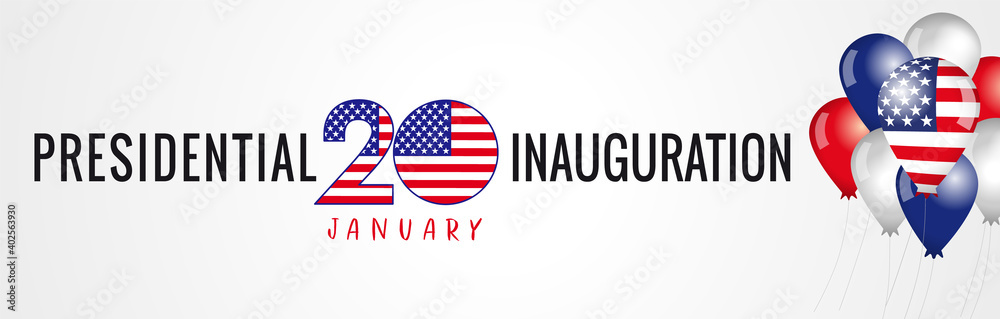 Presidential Inauguration USA 2021, January 20 poster. Social distancing concept US president inauguration with text and balloons with flag. Isolated vector graphic design - obrazy, fototapety, plakaty 