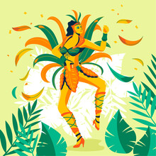 Exotic Brazilian Carnival Dancer With Tropical Foliage Background Vector Illustration