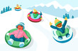 Cheerful children slide down the snow tubing hill. Cartoon vector illustration