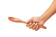 Male Hand holding wooden kitchen spoon for stirring and tasting