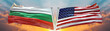 Double Flag United States of America vs Bulgaria flag waving flag with texture sky clouds and sunset background