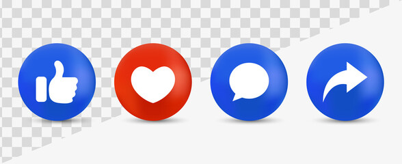 Poster - Like love comment share buttons in modern style - 3d social media notification icons, Thumb up and heart icon. like, forward, comment repost icon