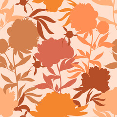 Wall Mural - Blossom floral seamless pattern. Silhouette peony in pastel colors with leaves scattered random. Abstract vector texture. Good for fashion prints, fabric, design. Hand drawn flowers on pink background