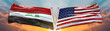 Double Flag United States of America vs Iraq flag waving flag with texture sky clouds and sunset background