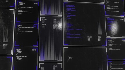 Poster - Abstract data moves in the form of vertical rows of screens flowing into different directions. Animation. The movement and processing of data inside a server or computer. 