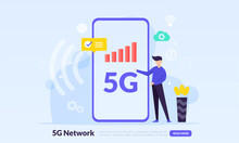 5G Mobile Network Concept, Broadband Telecommunication Wireless Internet, Global Network High Speed Innovation Connection Data Rate Technology, Flat Icon,suitable For Web Landing Page, Banner, Vector 