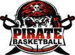 pirate basketball team design with half mascot and ball for school, college or league