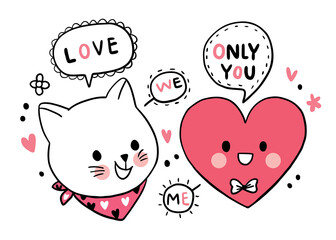 Wall Mural - Hand draw cartoon cute Valentine day, Cat and big heart vector.