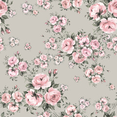  Abstract floral seamless print beautiful bouquets of roses drawn by paints with buds and foliage