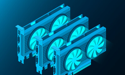 Poster - 3d isometric video graphic card. Video Graphics Card for cryptocurrency mining or gaming. Personal computer hardware components. GPU Graphic card illustration