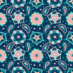 Wall Mural - vector seamless pattern with hand drawn ethnic oriental ornament on a blue background. pattern for printing on fabric, clothing, packaging, wrapping paper. background for websites and apps