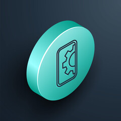 Isometric line Software, web development, programming concept icon isolated on black background. Programming language and program code on screen mobile. Turquoise circle button. Vector.