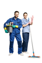 Wall Mural - Attractive young woman and man in cleaning uniform and rubber gloves holding a mop and a bucket of cleaning products in his hands, isolated on white background.