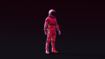 Wall Mural - astronaut with black visor and simple retro silver spacesuit with pink and white moody 80s lighting 