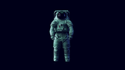 Wall Mural - astronaut with black visor and white spacewalk spacesuit with blue and green moody 80s lighting 3d i