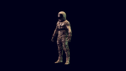 Wall Mural - astronaut with black visor and silver retro spacesuit with warm green white 80s lighting 3d illustra