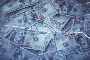 Double exposure of forex graph drawing over us dollars bill background. Concept of financial markets.