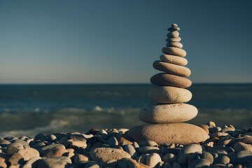 pyramid of stones with sea view