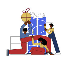 Group Of Happy Black People Receive Gift Box Vector Illustration Concept, Digital Referral Program. Can Be Used For Landing Page, Template, UI, Home Page, Poster Or Banner, Flyer, Coupon. Giving A