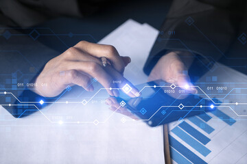 Businesswoman typing phone in office. High-tech hologram. International business concept. Double exposure.