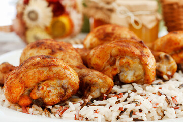 Poster - Indian cuisine: roasted chicken with rice and vegetables.