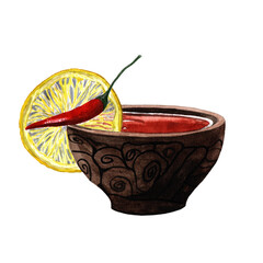 A cup of tea with chili pepper and lemon. Watercolor illustration of a hot drink to boost immunity.