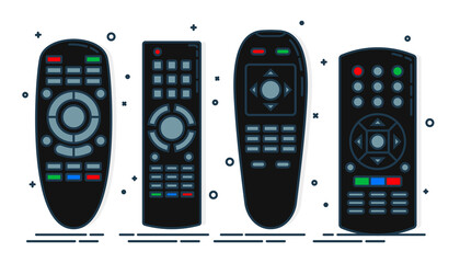 Hand remote control. Multimedia panel with shift buttons. Four design options. Program device. Wireless console. Universal electronic controller. Color isolated flat illustration on white background