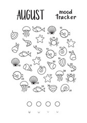 A4 print mood tracker for August. Various sea inhabitants (shell, starfish, fish, jellyfish, shrimp). Tracker for tracking your daily mood for 31 days