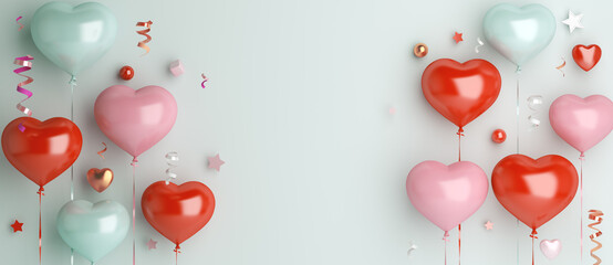 Happy valentines day decoration with heart shape balloon, confetti, copy space text, 3D rendering illustration