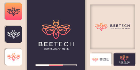 bee technology logo with line design and business card template