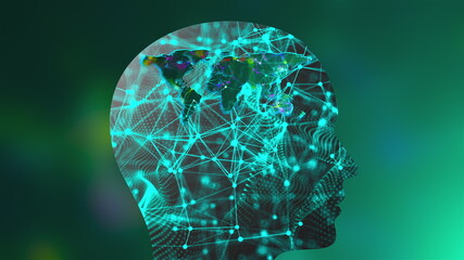 Canvas Print - Grid of thin straight lines connected by dots inside the head profile and geographic map of the world, computer generated backdrop, 3d rendering