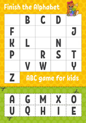 Wall Mural - Finish the alphabet. ABC game for kids. Cut and glue. Education developing worksheet. Learning game for kids. Color activity page.