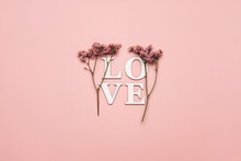 Creative Flat Lay Of Word Love On Soft Color  Background With Natural Plants