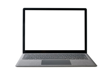 Close-up top view of laptop in platinum silver color on white background